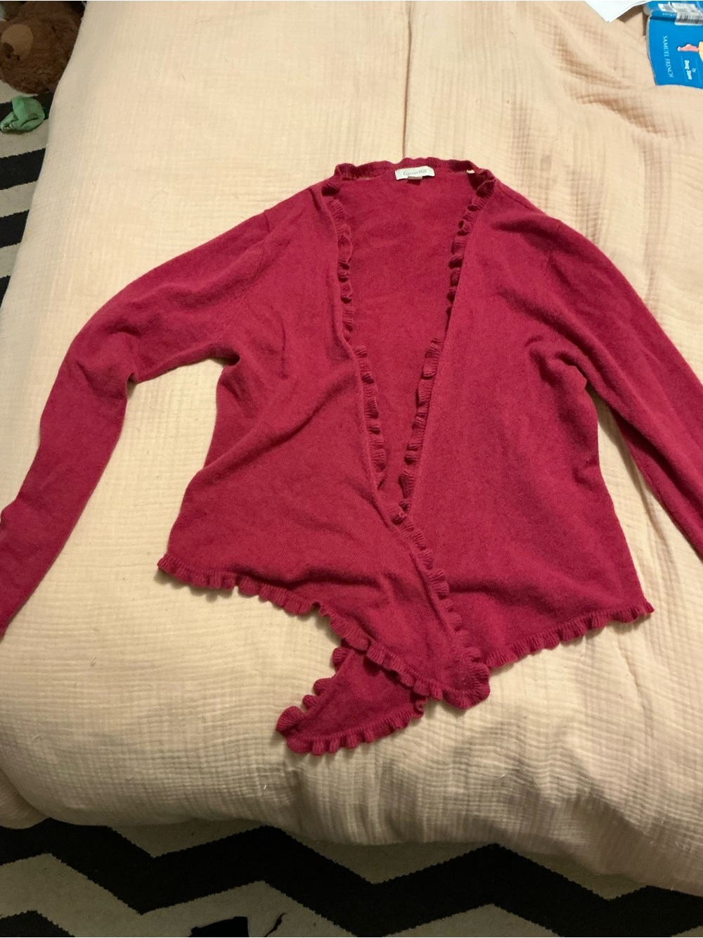 Garnet Hill Raspberry Ruffle-Trim Open Cardigan
